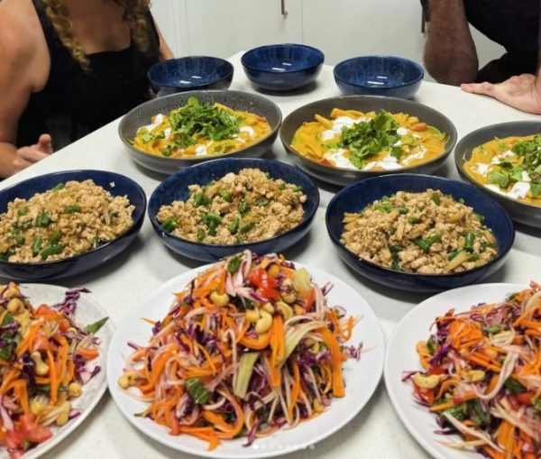 Weekly meal prep bowls portioned for a Los Angeles client