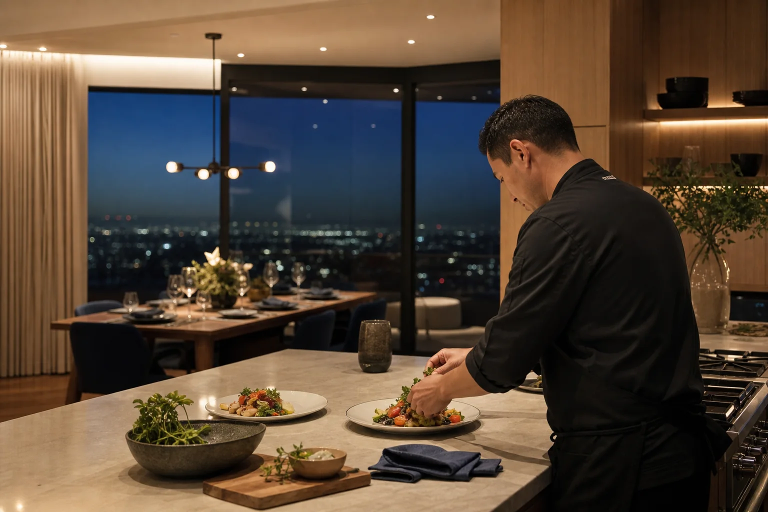 Private chef plating dinner in a modern Los Angeles vacation rental kitchen at blue hour