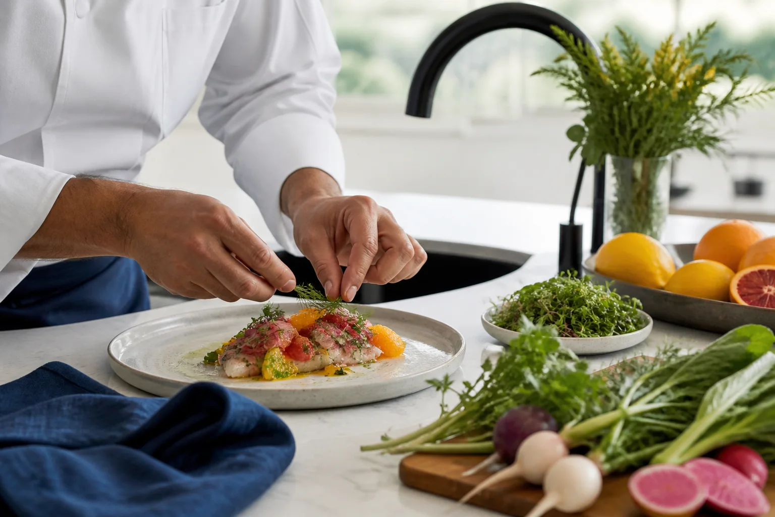 Chef finishing a seasonal citrus and herb dish in a bright Los Angeles rental kitchen