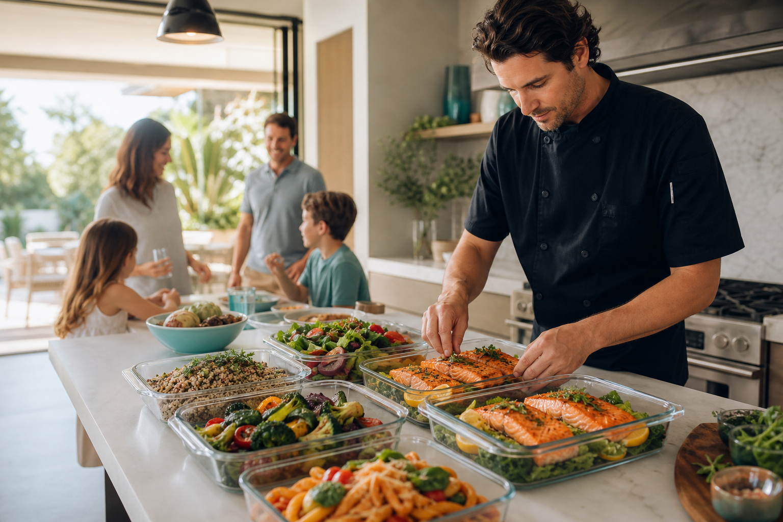Private chef arranging fresh family meal prep in a bright Los Angeles home kitchen