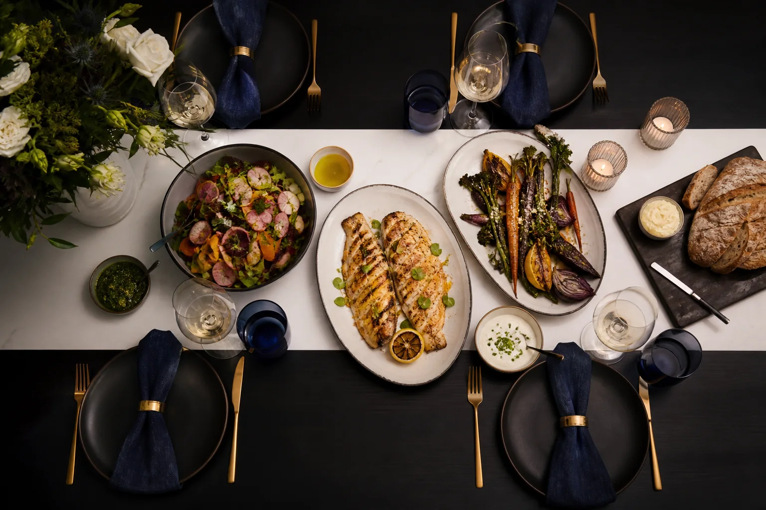 Private chef dinner spread with grilled fish, seasonal vegetables and elegant blue place settings