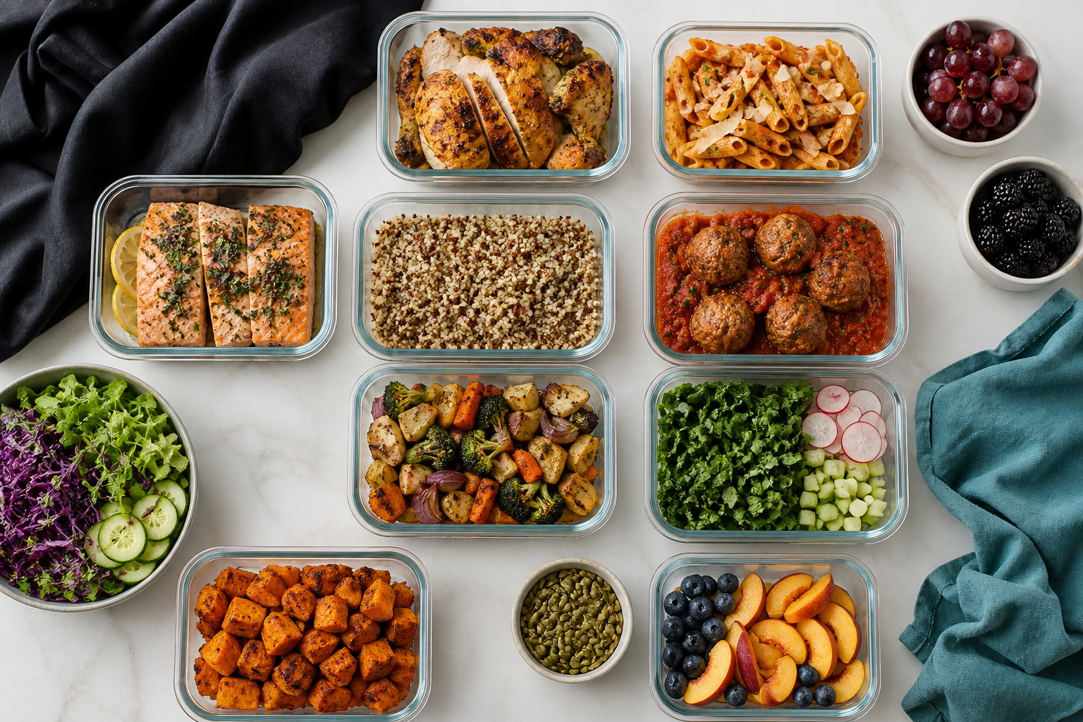 Overhead view of a weekly family meal prep menu with salmon, chicken, vegetables, grains, salad and fruit
