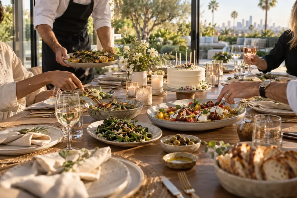 Candlelit birthday dinner table set by a private chef in Los Angeles
