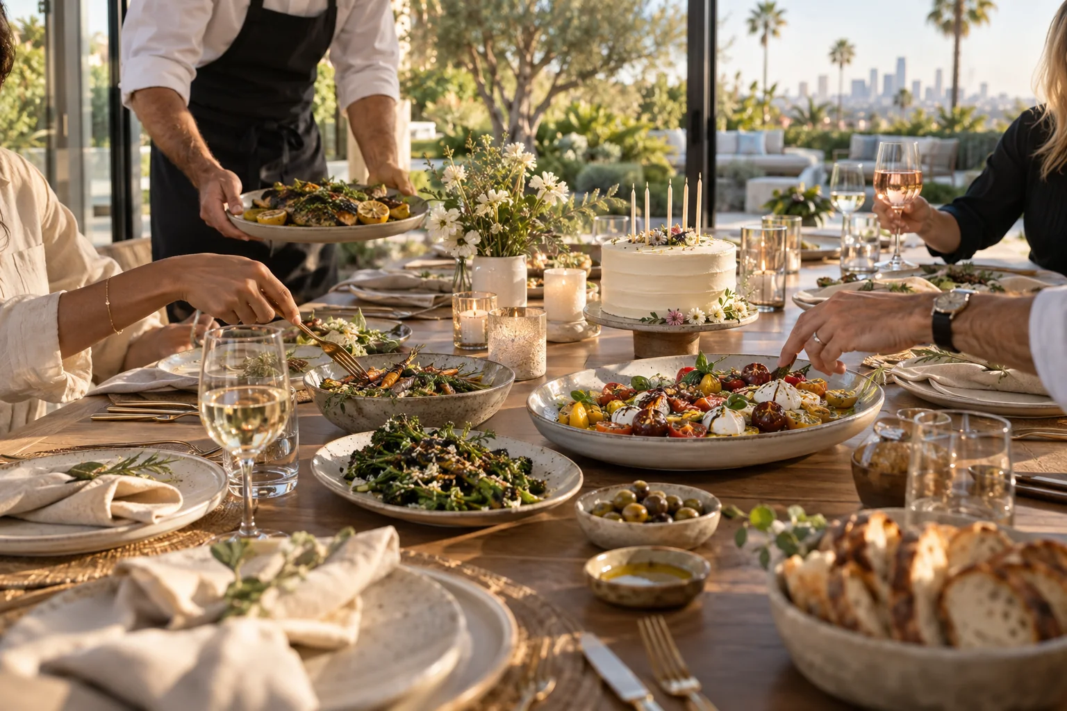 Seasonal shared plates and birthday cake on an elegant Los Angeles dinner table